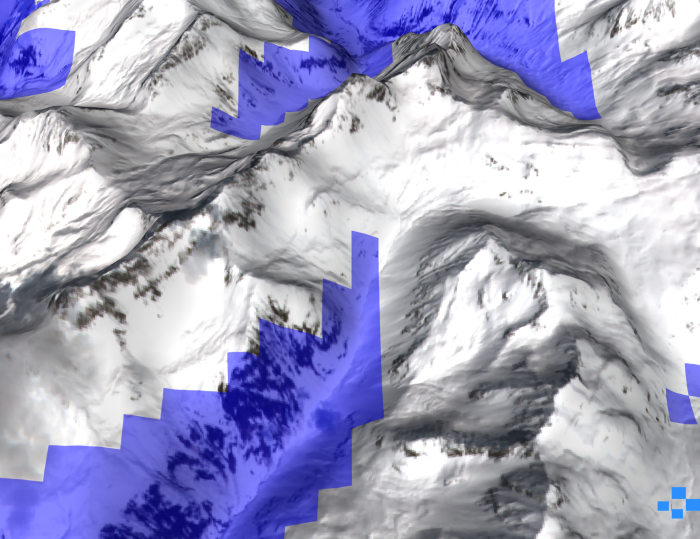  Die gleiche Ansicht mit den Messdaten des Satelliten: Der Schnee ist deutlich weiter oben feucht, als das Modell angenommen hat. Südhänge sind selbst am mehr als 3000 Meter hohen Piz Ducan betroffen. Der Vergleich war Anlass, das Computermodell so zu verbessern, dass Realität und Prognose jetzt übereinstimmen. (Grafik: Bertrand Cluzet / SLF) 